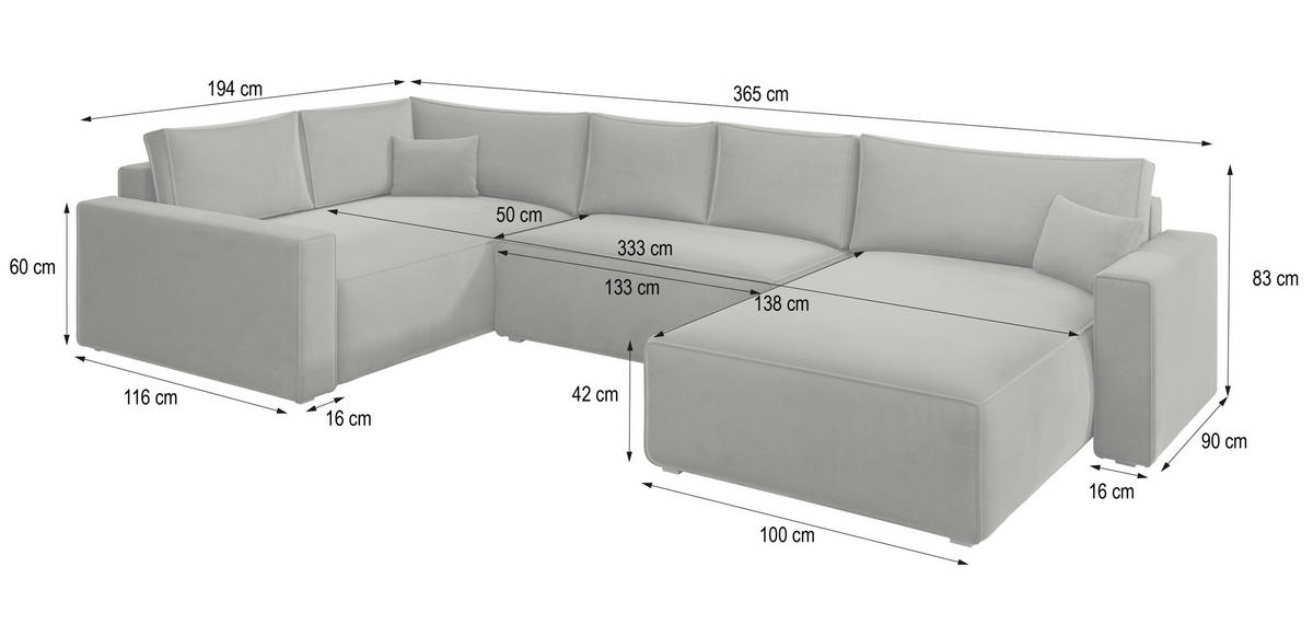 WOHNLANDSCHAFT VELAMI L-S Gelb Velours-Stoff mit Schlaffunktion - Gelb, Holz (365/83/194cm) - MASSENO