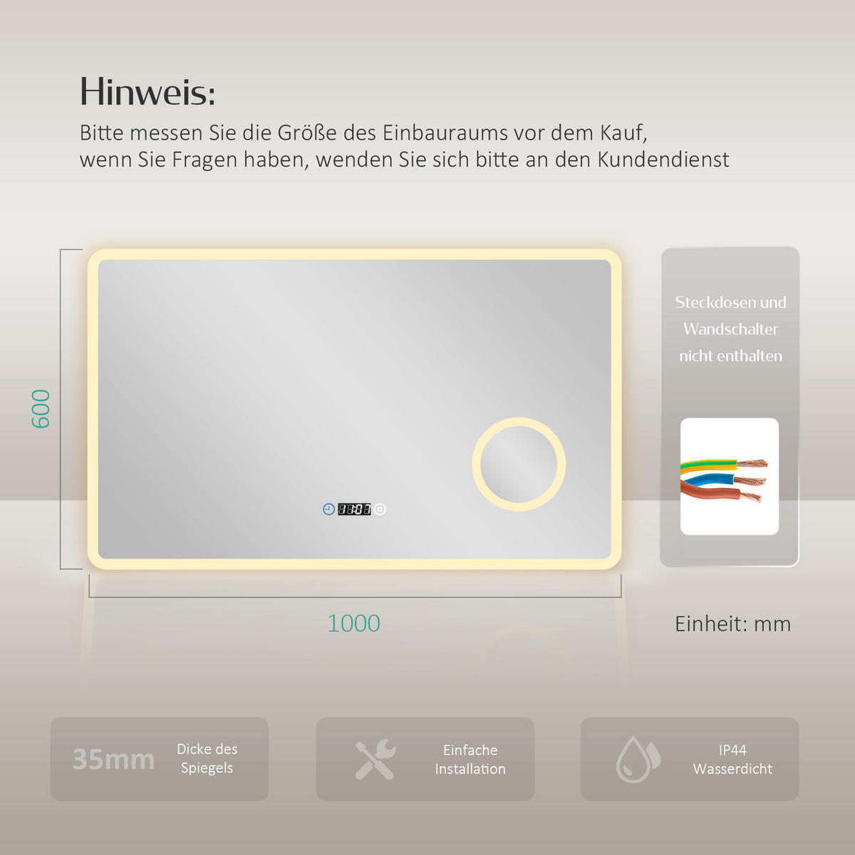 BADSPIEGEL mit Uhranzeige Beleuchtung mit Integriertem Schminkspiegel 100/60 cm - Weiß, Glas (60/3.5/100cm) - EMKE