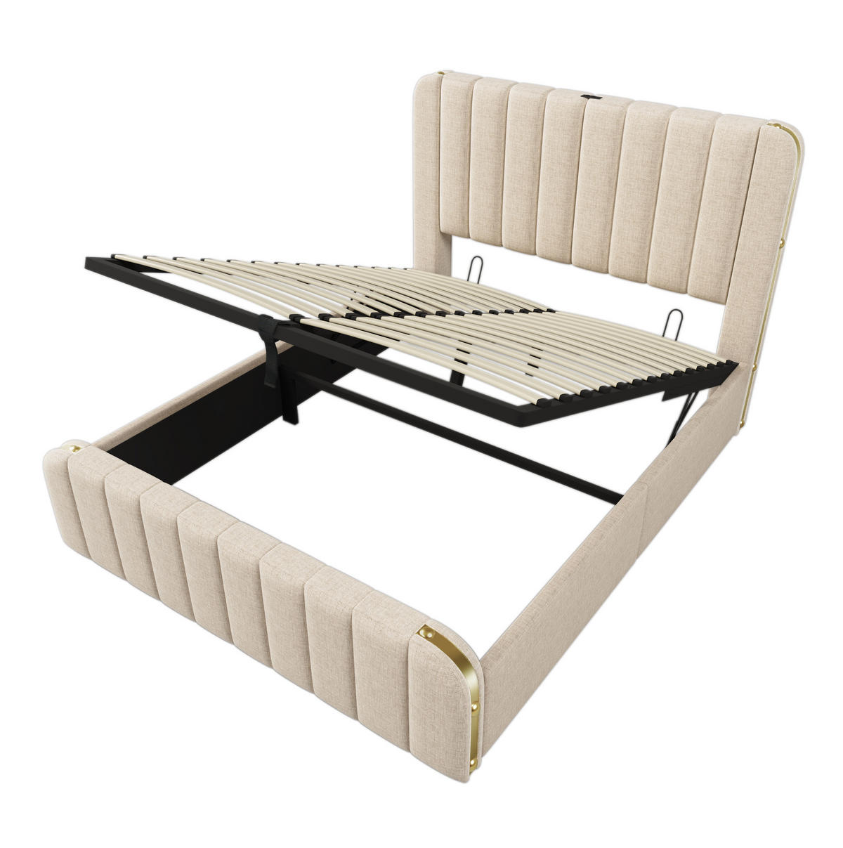 POLSTERBETT mit Stauraum, Matratze & USB 140x200 cm Leinen Beige - Beige, Metall (140/200cm) - Meubliv