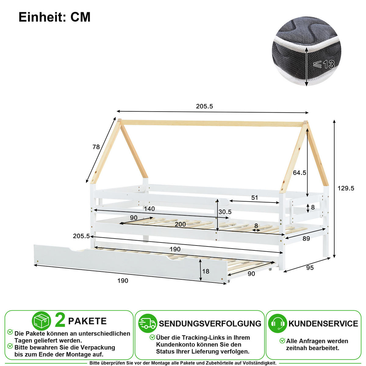 HAUSBETT 90/200 cm & 90/190 cm in Weiß & Natur mit Ausziehbett Massivholz - Weiß/Naturfarben, Holz (90/200cm) - CHICFURN