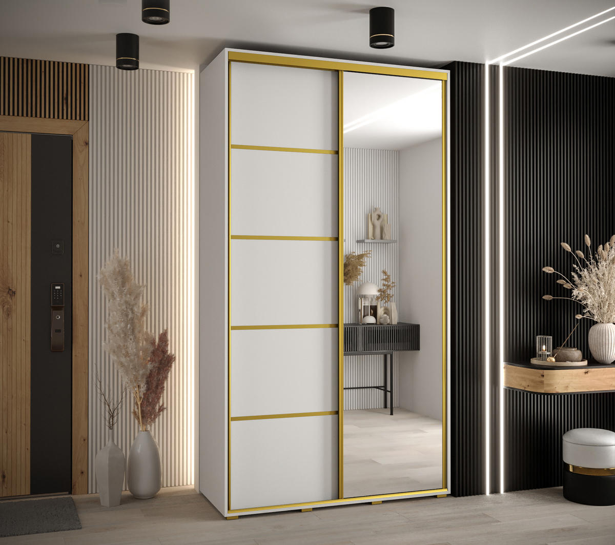 SCHWEBETÜRENSCHRANK 235,2/130/60 2-türig - Goldfarben/Weiß, Holz/Metall (130/235/60cm) - Abiks Möbel