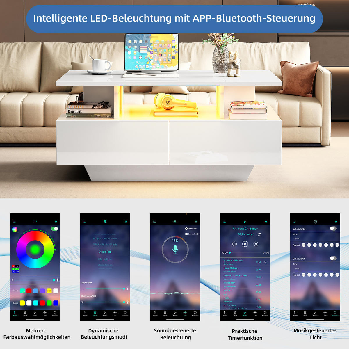 COUCHTISCH Kommode mit LED-Beleuchtung, Schubladen Hochglanz Spanplatte 30 kg Tragkraft Weiß - Weiß, Holzwerkstoff (90/55/41cm) - EVRYAE