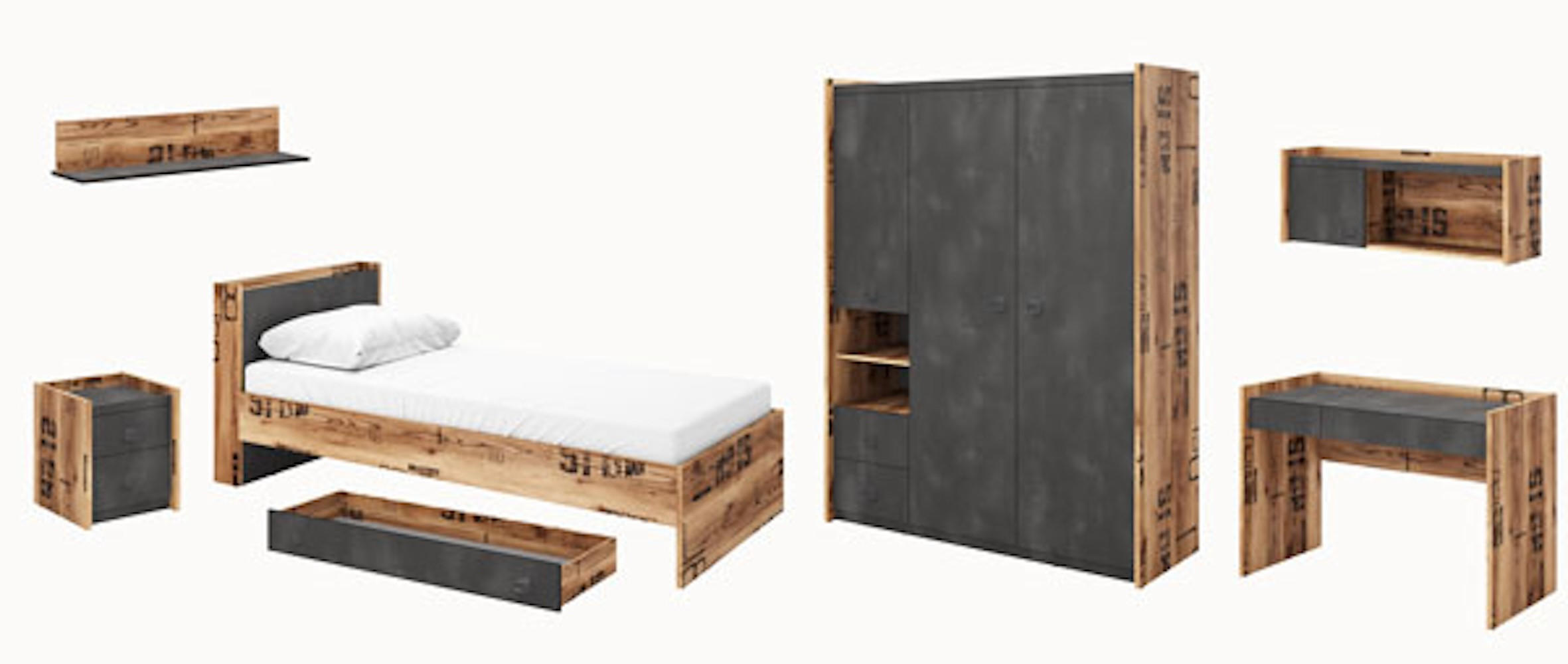 JUGENDZIMMER-SET Fargo Canyon Alpine Spruce / Raw Steel 641 / 218 / 191cm 7-teilig - Braun/Grau, Holz/Holzwerkstoff (641/191/218cm) - Feldmann-Wohnen
