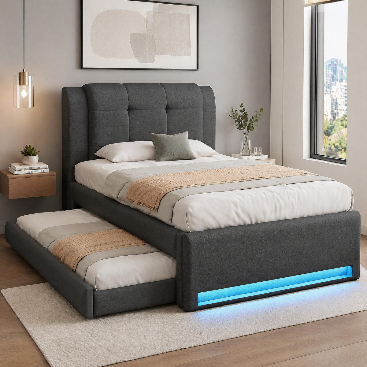 POLSTERBETT 90/200 mit Ausziehbett, LED und Stauraum im Kopfteil in Grau - Grau, Holzwerkstoff/Textil (90/200cm) - EVRYAE