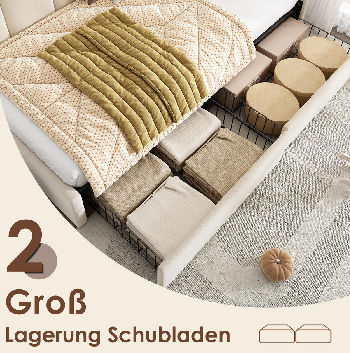 POLSTERBETT 90/200 cm in Beige mit 2 Schubladen und Samtbezug - Beige, Textil (90/200cm) - Flora Grace