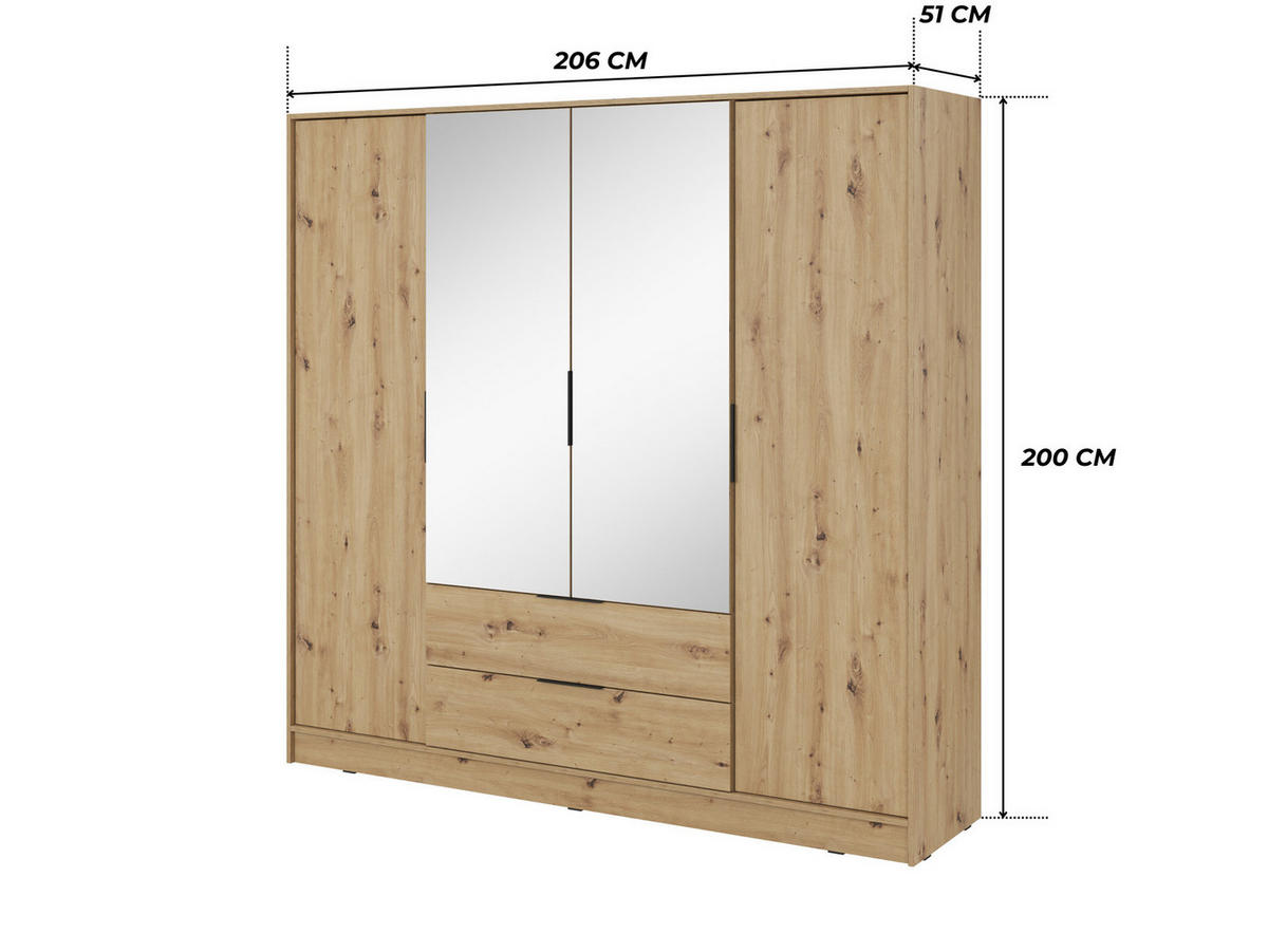 GROSSER Kleiderschrank RICADI 4DL (Artisan Eiche, Spiegel, 4 Türen, 2 Schubladen, Kleiderstange, Kunststoffgriffe) - Schwarz/Eiche Artisan, Holz/Holzwerkstoff (206/200/51cm) - Ravio