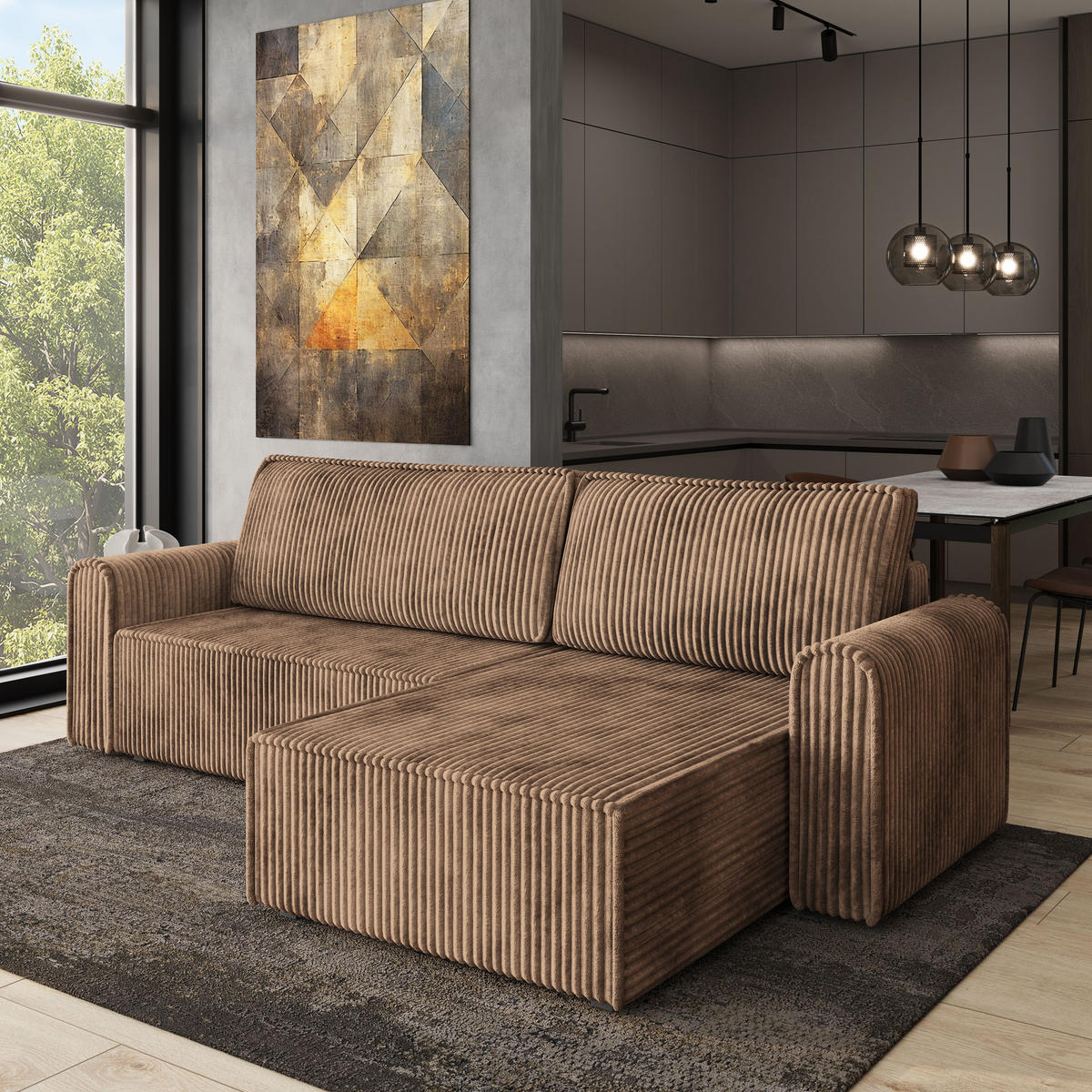 ECKSOFA VALTINO Beige Kordstoff mit Schlaffunktion - Beige, Holz (275/148cm) - MASSENO