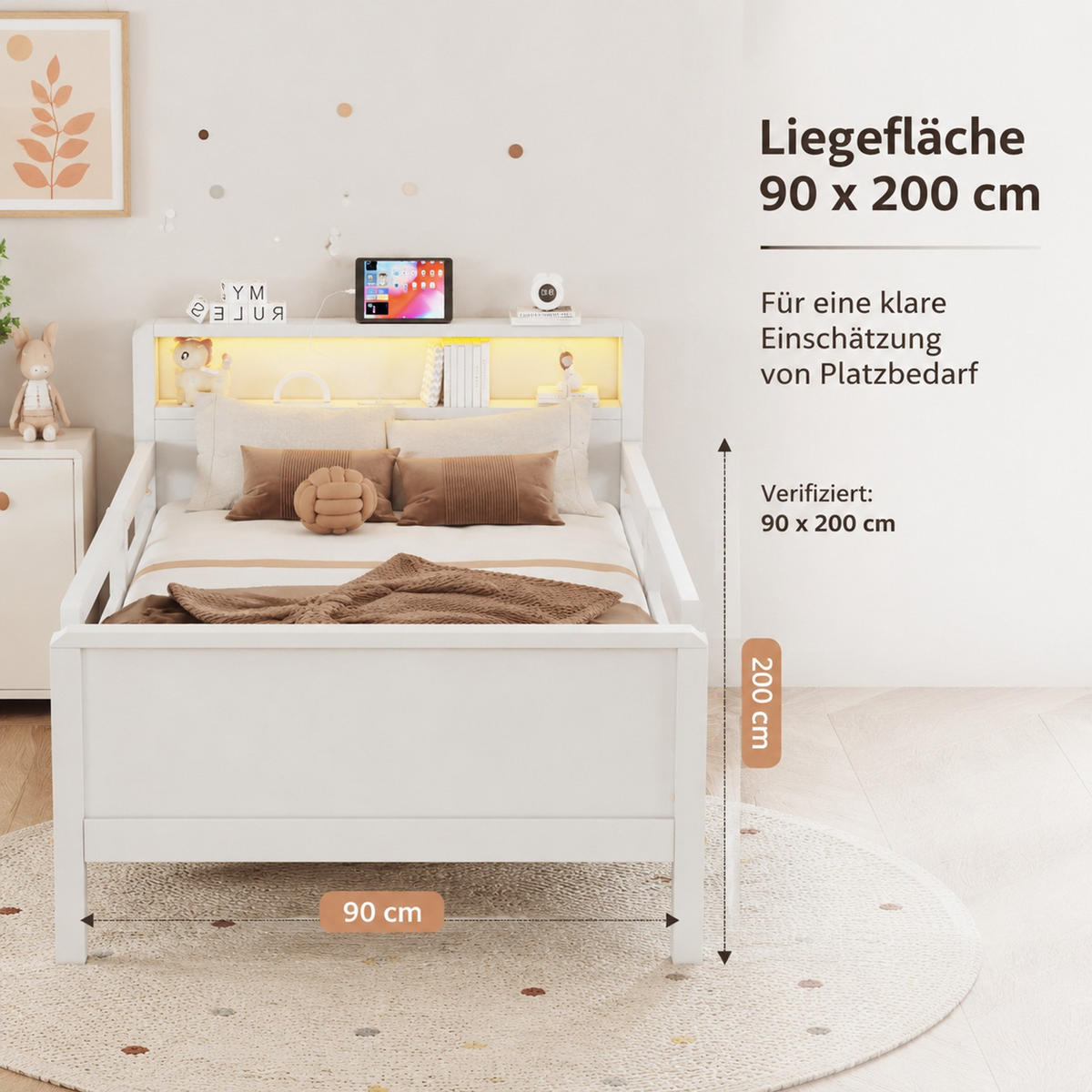KINDERBETT 90/200 cm aus Kiefernholz mit Kopfteilablage und USB-C-Ladeanschluss Weiß - Weiß, Holz (90/200cm) - Modenvie