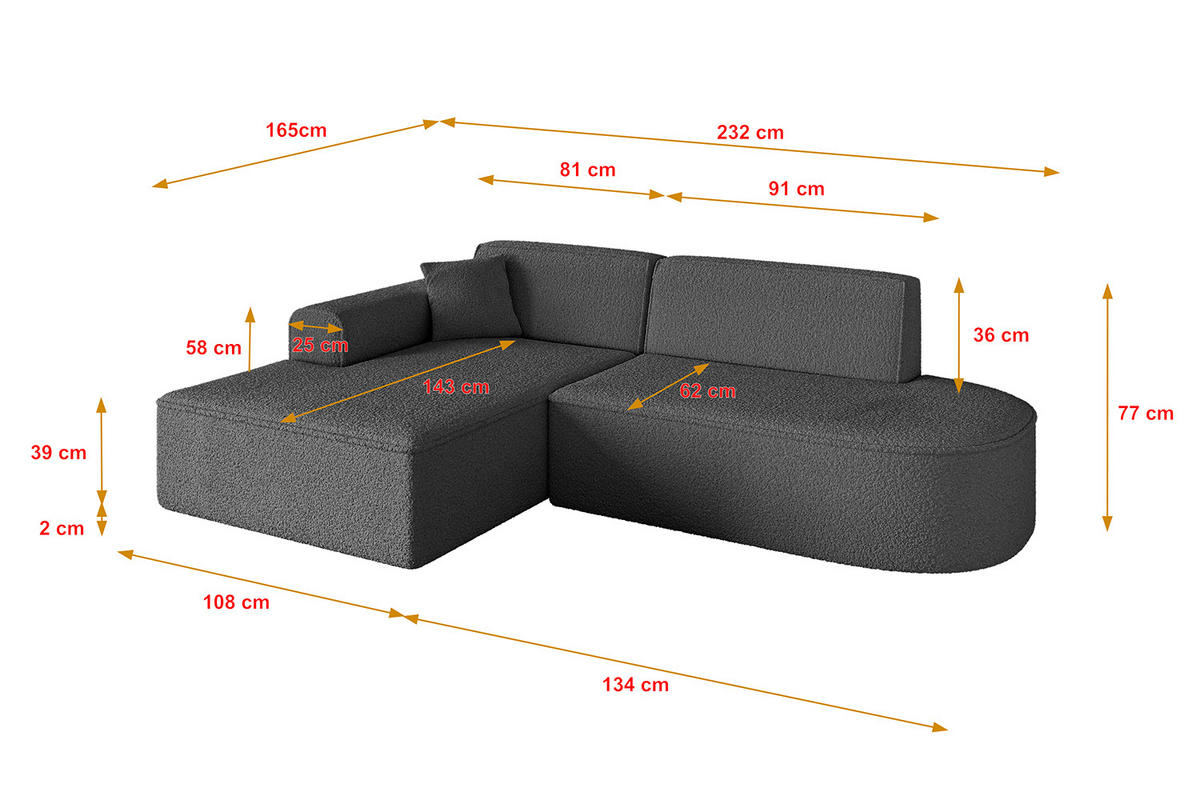 ECKSOFA Ottomane Links IREA-L1-v3 - 232x165x77 cm Grau - Olivgrün, Holzwerkstoff/Textil (232/165cm) - ALTDECOR
