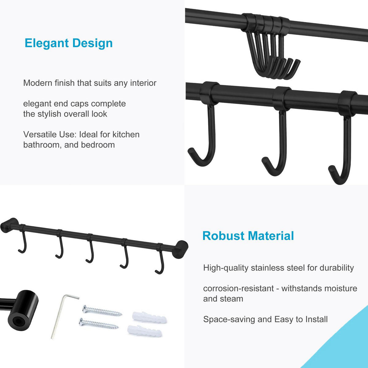 KÜCHEN HAKENLEISTE mit 5 Haken - Schwarz, Metall (3.4/2.2/35.8cm) - Intirilife