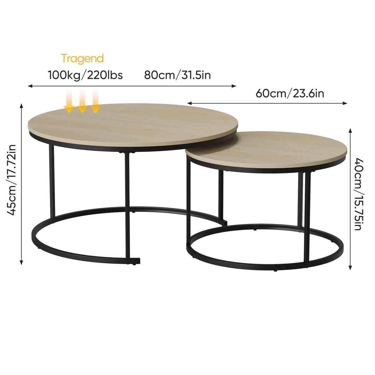 COUCHTISCH-SET Eichefarben 2er-Set 80/80/45 cm - Eichefarben, Metall (80/80/45cm) - PANGIVO