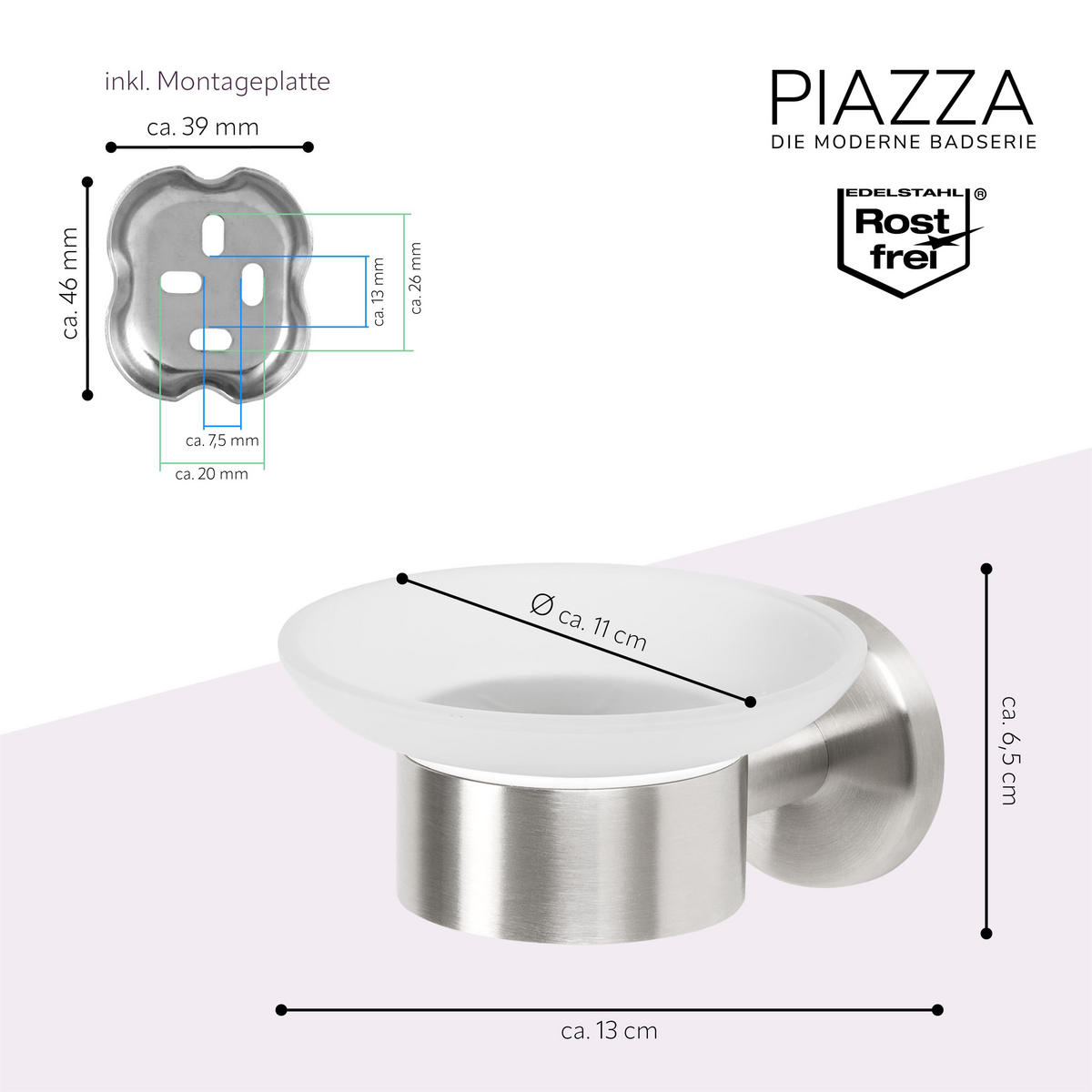 SEIFENSCHALE PIAZZA Edelstahl, inkl. Klebeset - Edelstahlfarben, Metall (13/11/6.5cm) - bremermann