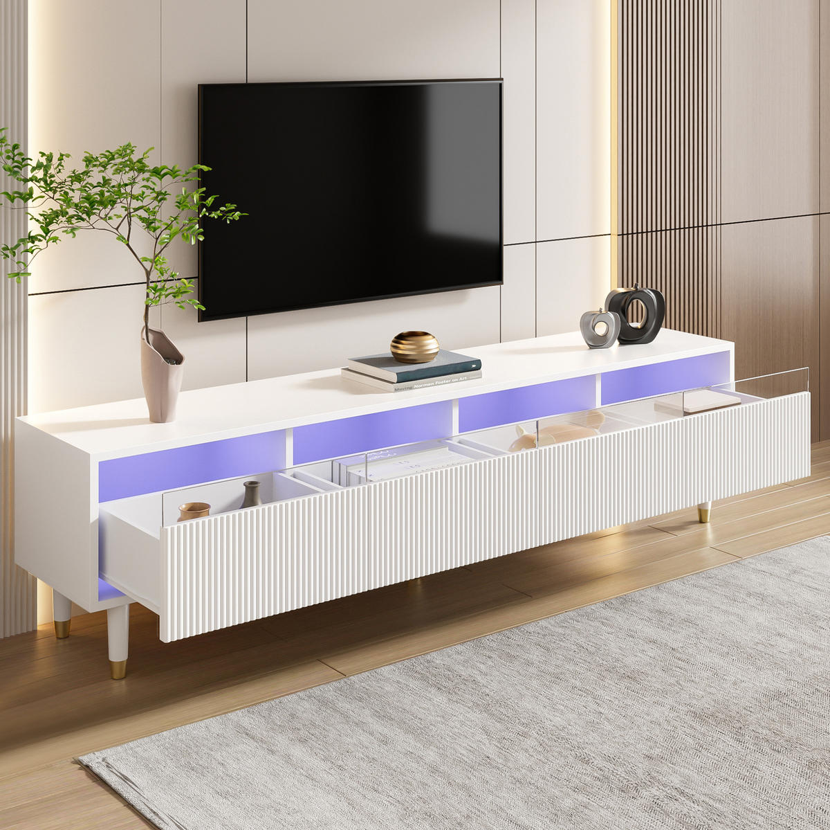 TV-SCHRANK aus MDF 178x35x45 cm Weiß mit 4 Schubladen, Kabeldurchführung und minimalistischem Design - Weiß, Holzwerkstoff (178/45/35cm) - Modfu