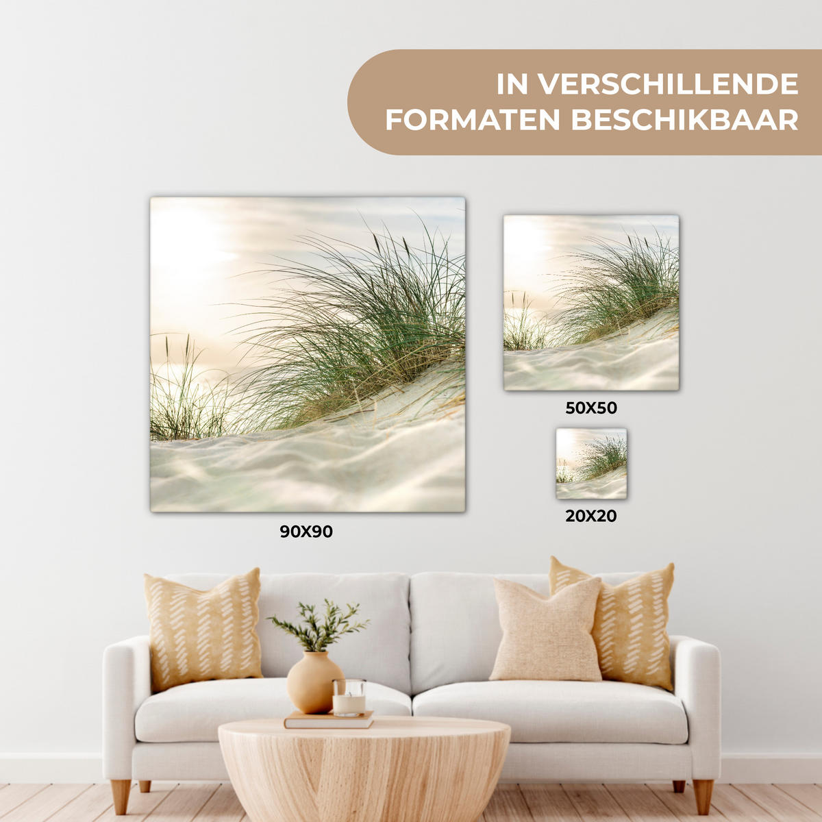LEINWANDBILD Dünen mit Strandhafer in der Sonne des Nationalparks Schleswig-Holsteinisches Wattenmeer Deko Groß 90x90 cm - Creme, Textil (90/90cm) - MuchoWow