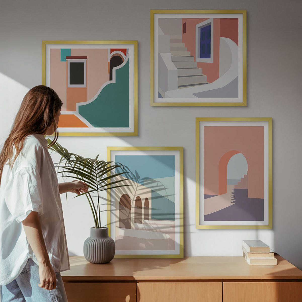 BILDER SET 4er Set - 50x50 cm & 40x60 cm Goldrahmen - Minimalistische Pastellgrafiken - Goldfarben, Kunststoff (50/50cm) - TULUP