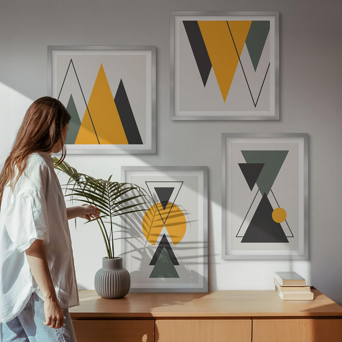 BILDER SET 4er Set - 50x50 cm & 40x60 cm Silberner Rahmen - Abstrakte geometrische Formen - Silberfarben, Kunststoff (50/50cm) - TULUP