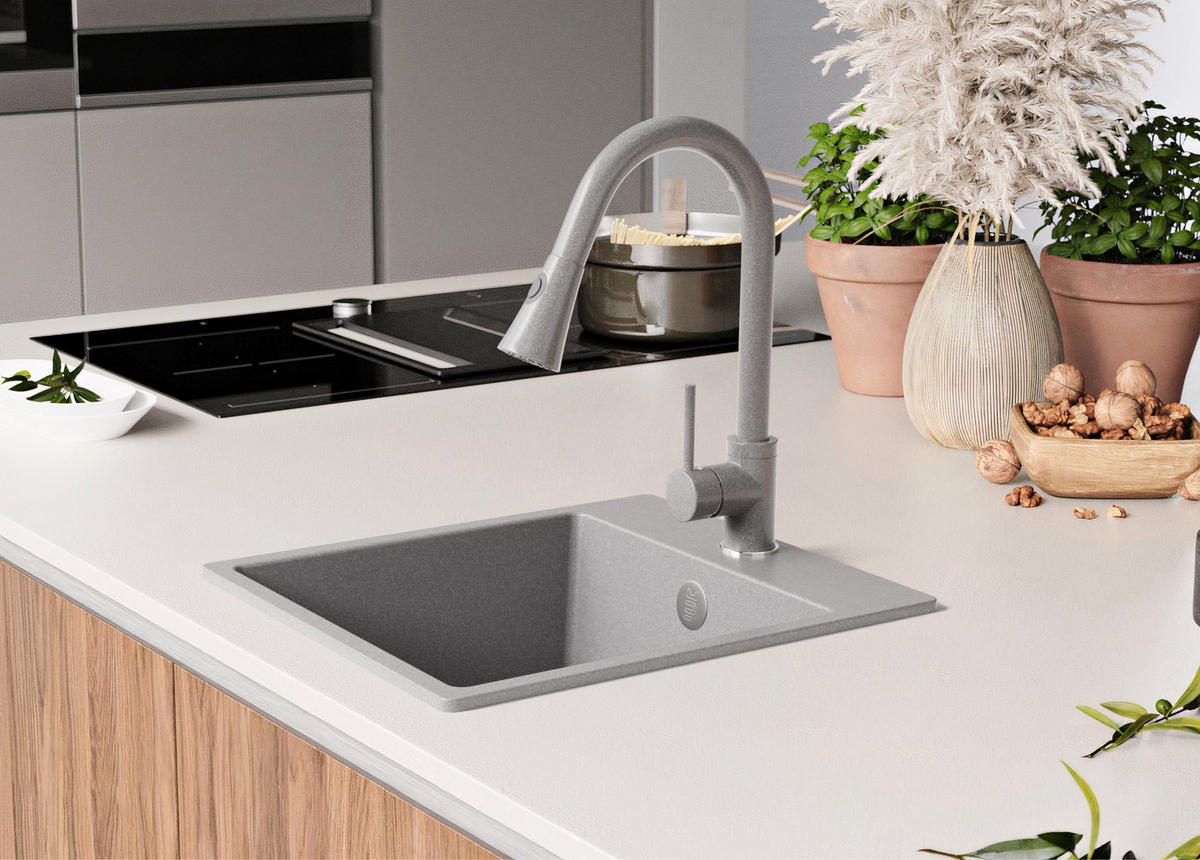 GRANITSPÜLE Riga Easy, 2-er set Grau 38/44 cm 1 Becken + Küchenarmatur 38/14 cm + Ablauf-Set ab 40er Unterschrank - Grau, Kunststoff (38/19/44cm) - Primagran