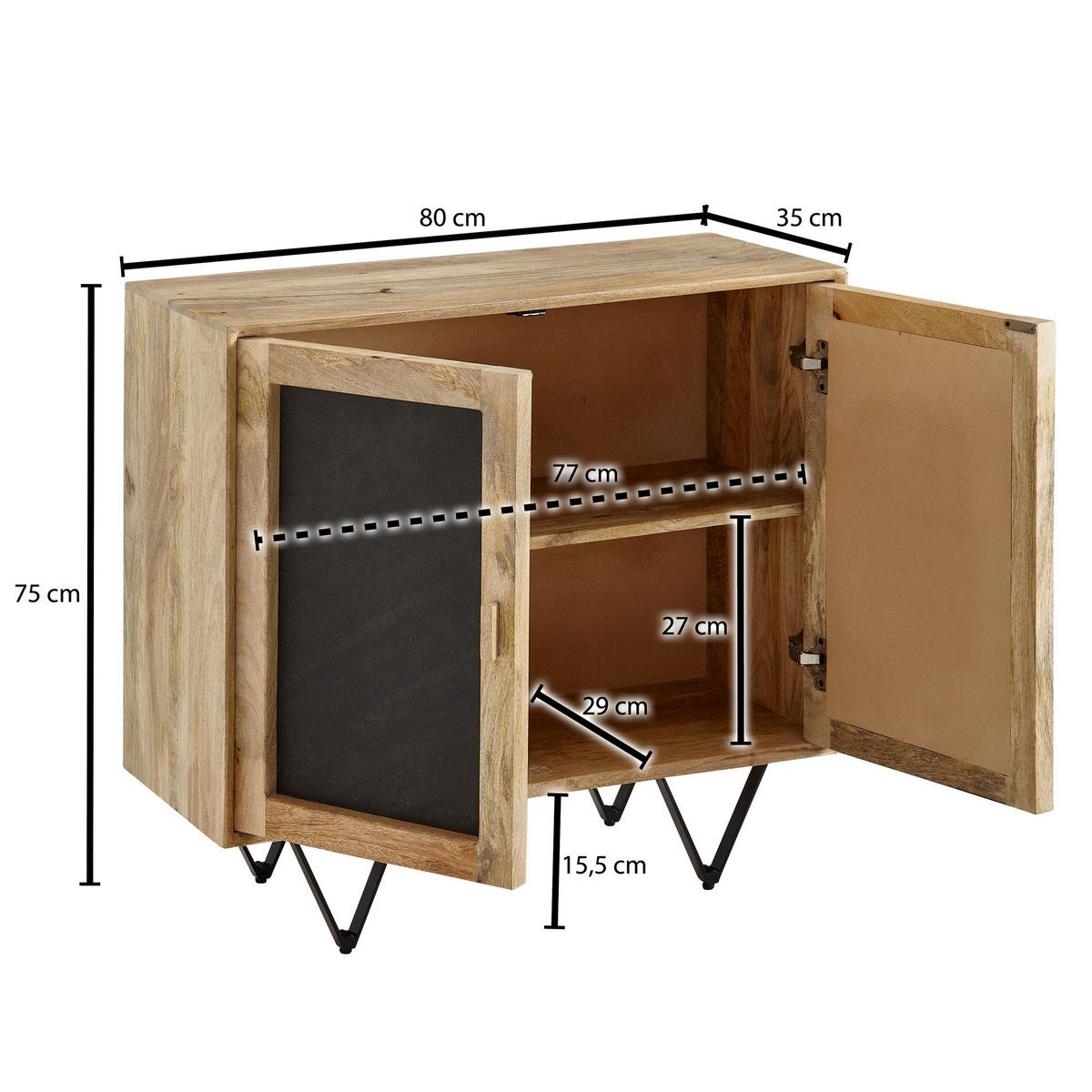 SIDEBOARD – Mangoholz, 80x75x35 cm, mit Stauraum, anthrazitfarbene Türen - Schwarz/Braun, Holz/Metall (80/75/35cm) - KADIMA DESIGN