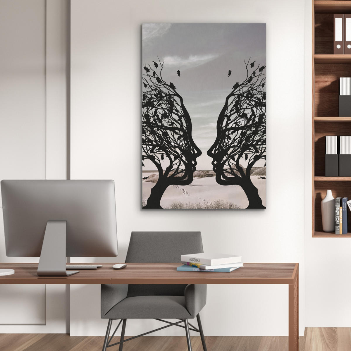 AKUSTIKBILD Strand - Meer - Menschen - Baum - Moderne Kunst Wanddeko 60x90 cm - Hellgrau, Kunststoff (60/90/0.9cm) - MuchoWow