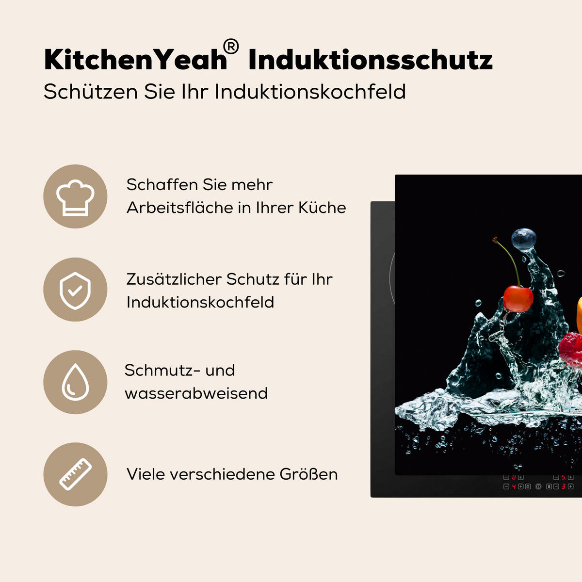HERDABDECKPLATTE Wasser - Obst - Orange - Erdbeere - Kirsche - Schwarz 81x52 cm - Orange, Kunststoff (81.6/0.2/52.7cm) - MuchoWow