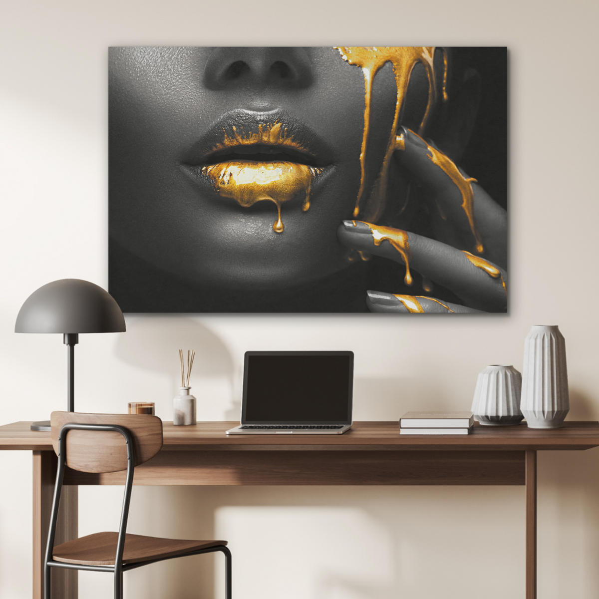 AKUSTIKPANEEL Frau - Schwarz - Gold - Gesicht - Lippen 100x70 cm - Goldfarben, Textil (100/0.9/70cm) - MuchoWow