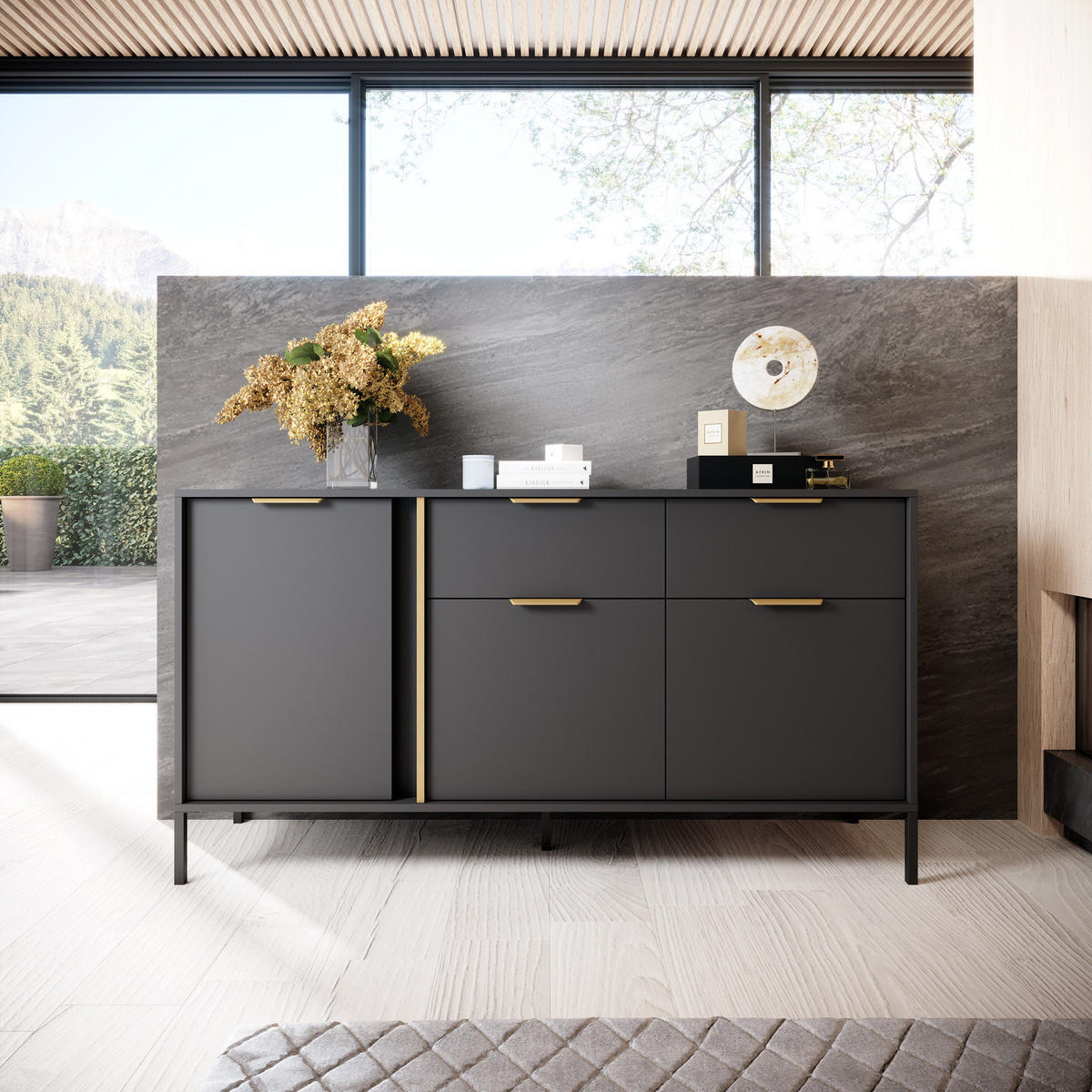 SIDEBOARD Valdi B 153 cm Anthrazit / Gold - mit 3 Türen und 2 Schubladen - Anthrazit/Gelb, Holz/Holzwerkstoff (153/81/39cm) - Ravio