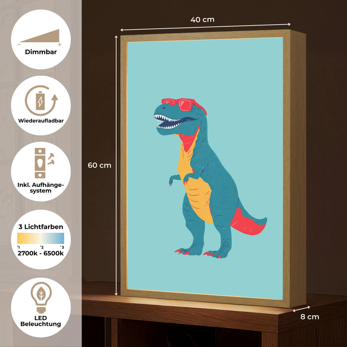 DOBÍJECÍ NOČNÍ LAMPIČKA Dinosaurus - Modrá - Sluneční brýle 40x60 cm - světle modrá, kompozitní dřevo (8/40/60cm) - OnlyWow