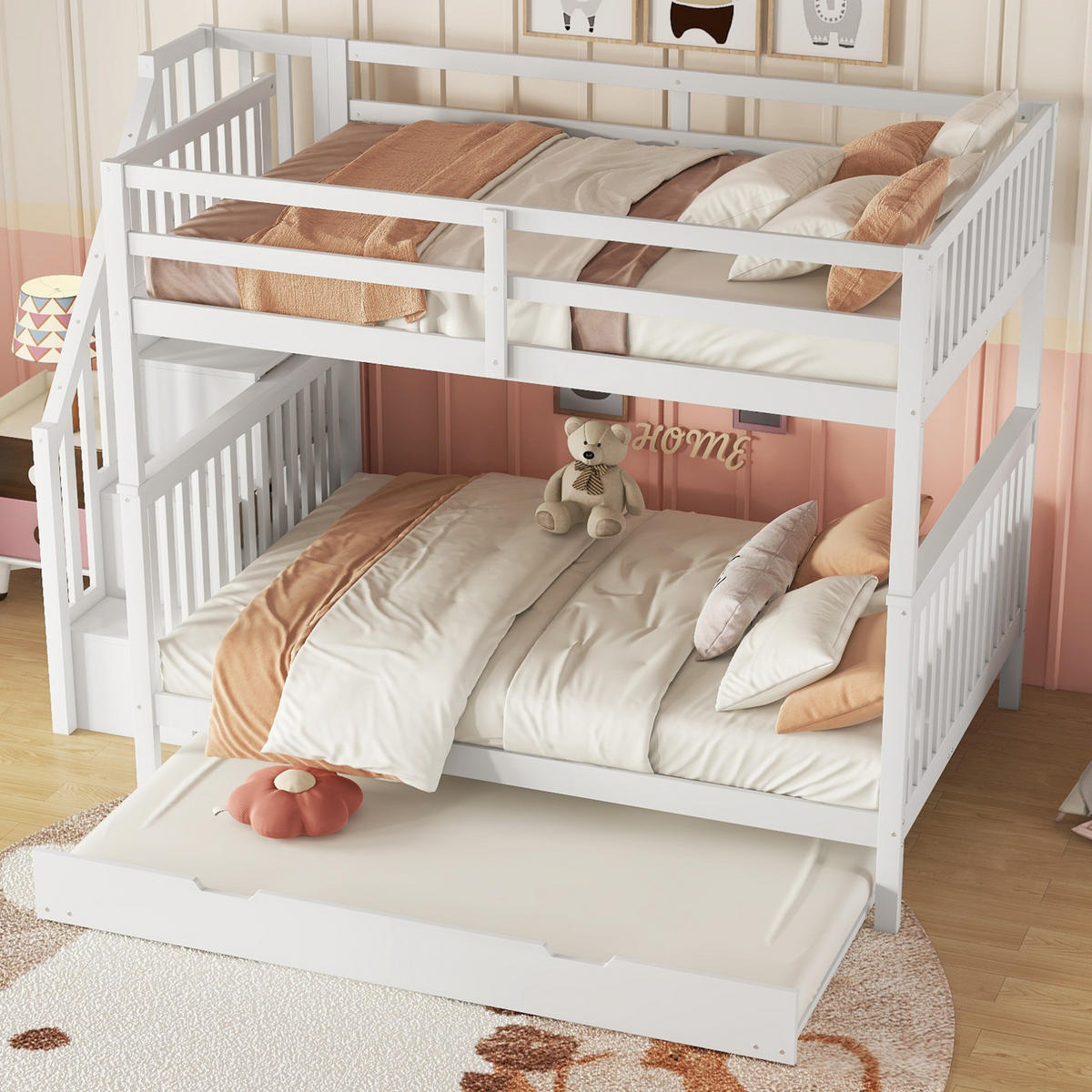 ETAGENBETT 140/200 cm aus Kiefer und MDF mit Treppenregal und ausziehbarem Rollbett Weiß - Weiß, Holz (140/200cm) - Modenvie