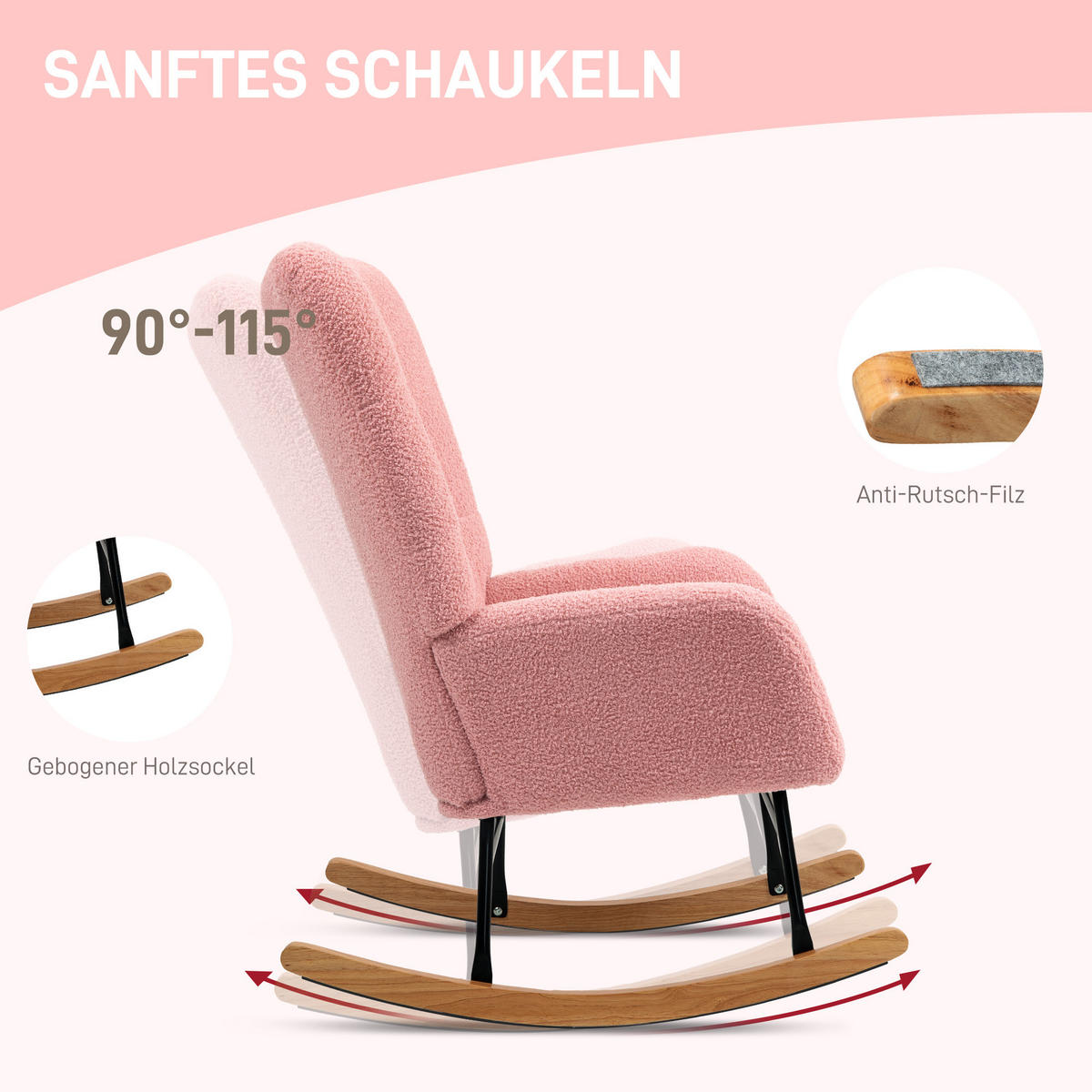 SCHAUKELSTUHL, Schaukelsessel mit Armlehne, Teddysamt-Optik, Rosa - Rosa, Textil (70/100/94cm) - HOMCOM