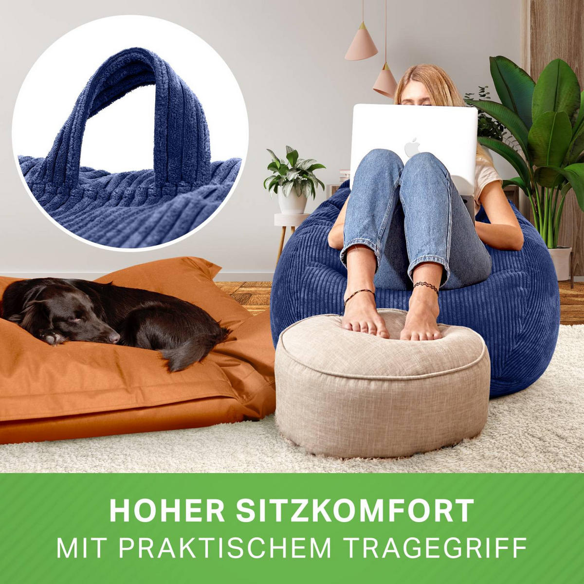 SITZSACK Indoor "Scoop" 90x110cm - Cord - Dunkelblau, Textil (90/110/90cm) - Green Bean