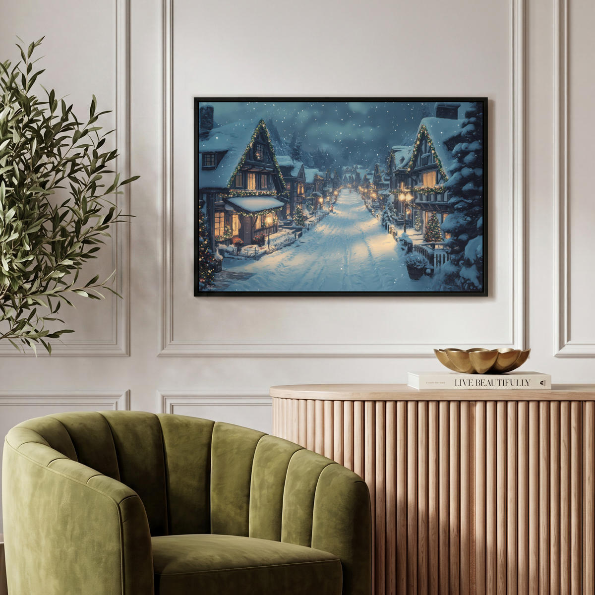 LEINWAND Bilder mit Rahmen - Weihnachtsdorf - Weihnachten - Schnee - Winter - 60x40 - Dunkelblau, Textil (60/40cm) - MuchoWow