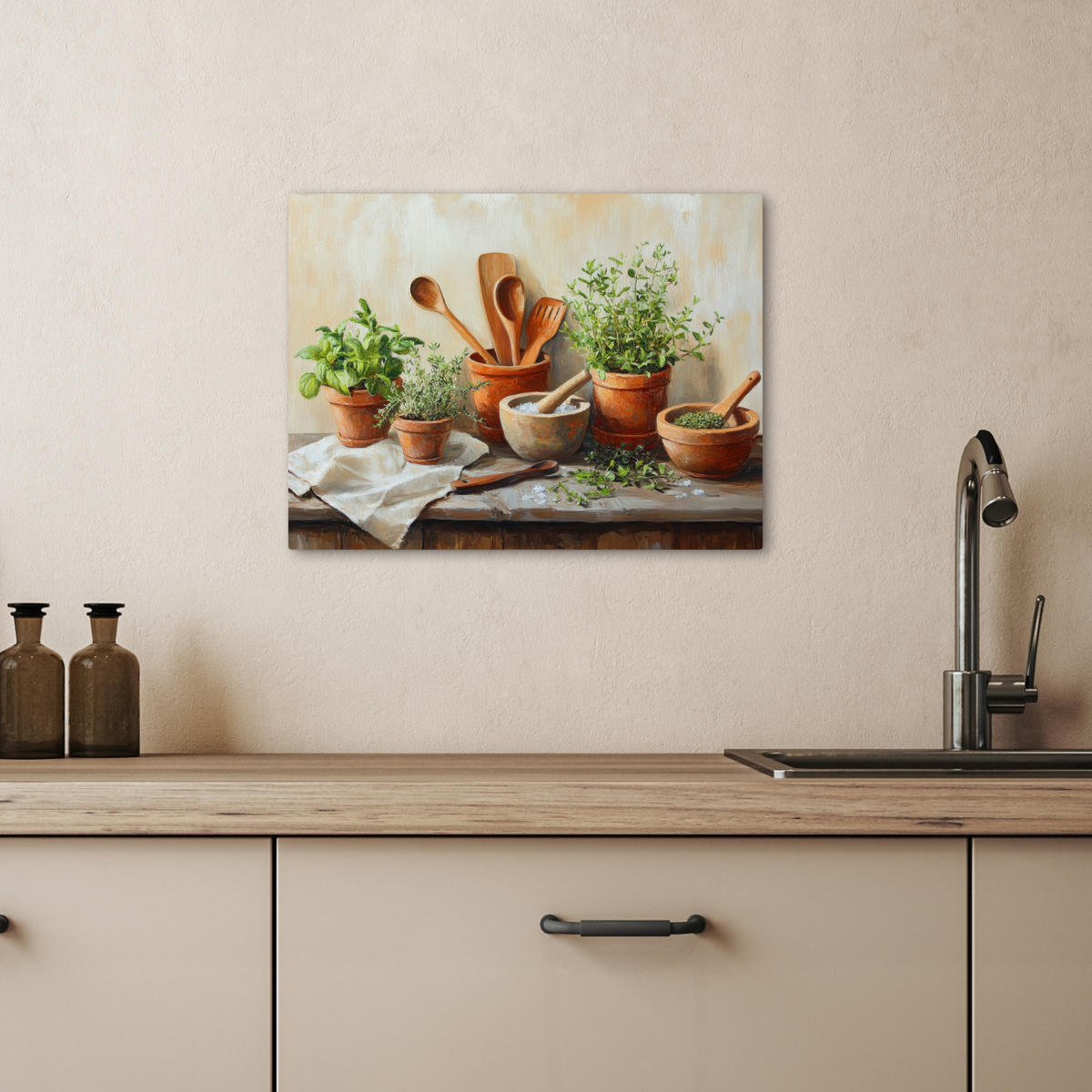 LEINWANDBILD Töpfe - Kräuter - Holz 40x30 cm - Terracotta, Textil (40/30cm) - MuchoWow