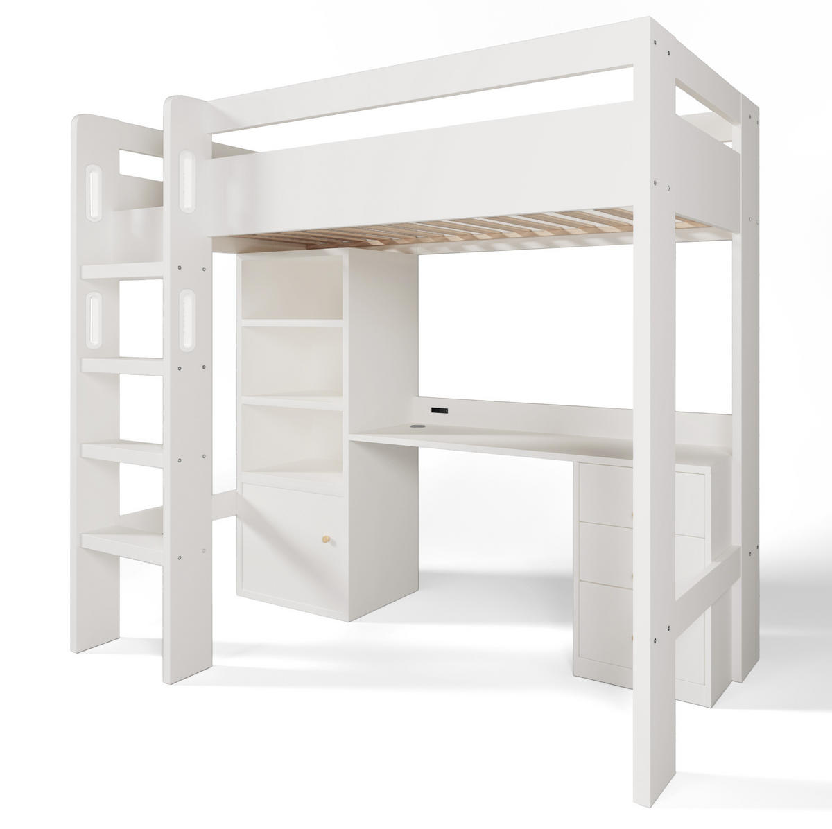 HOCHBETT 90/200 cm Weiß aus MDF, Spanplatte und Massivholz mit Schreibtisch und Stauraum - Weiß, Holzwerkstoff (90/200cm) - OKMYHOME