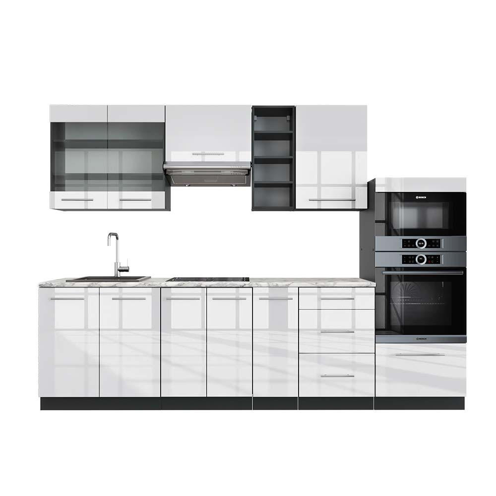 KÜCHENZEILE Fame-Line Weiß Hochglanz/Anthrazit 280 cm, AP Marmor - Weiß Hochglanz/Anthrazit, Holzwerkstoff (280/81.6/60cm) - Vicco