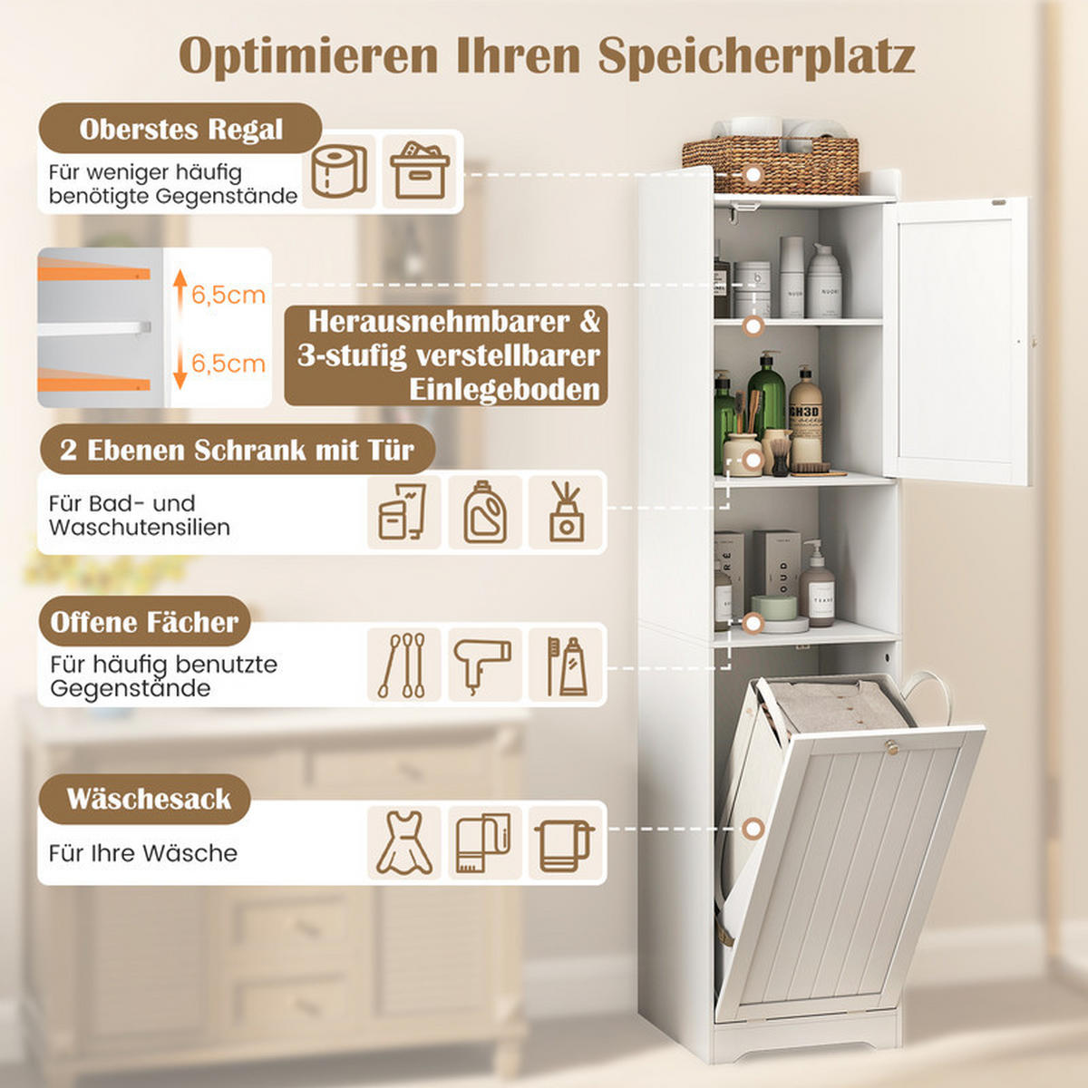 BADEZIMMER-HOCHSCHRANK mit Wäschekorb weiß - Weiß, Holzwerkstoff (40/170/40cm) - COSTWAY