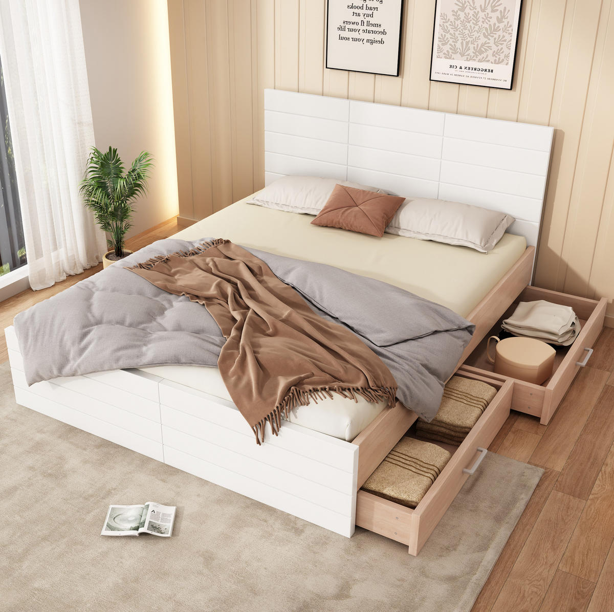 POSTEĽ z masívu a MDF, 160/200 cm biela/dub, s úložným priestorom a roštom - biela, kompozitné drevo (160/200cm) - BEAOK