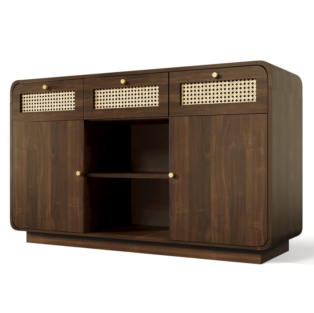 SIDEBOARD in Nussbaum mit Rattanfronten, 3 Schubladen und 2 Türen, Goldgriffe, 120/40/85 cm, Nussbaum - Walnussfarben, Holzwerkstoff (120/85/40cm) - Redom