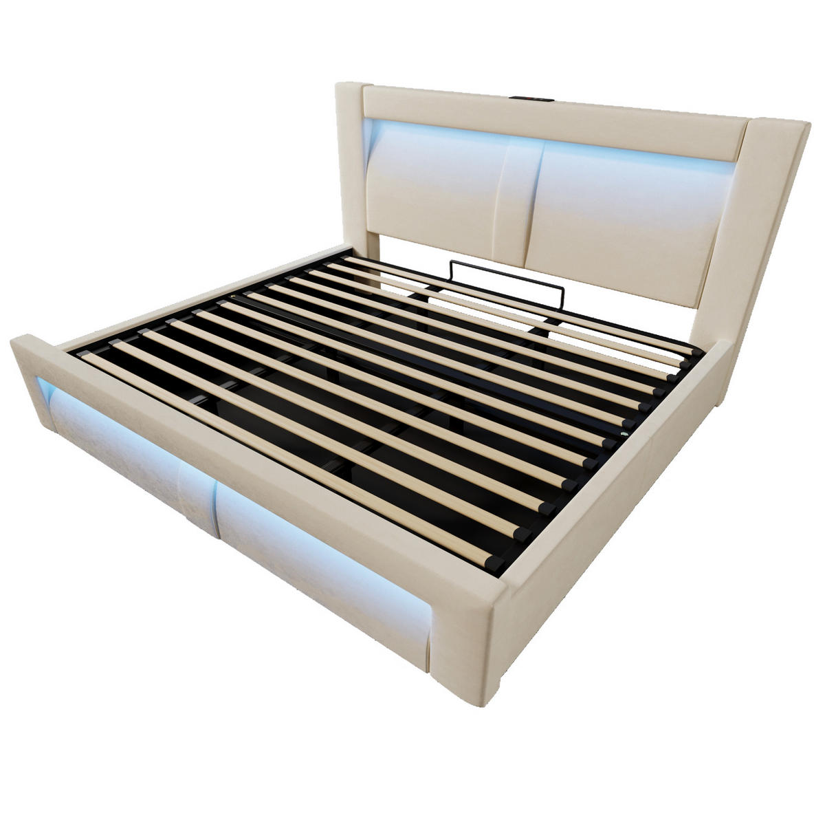 ČALÚNENÁ posteľ 180/200 cm béžová zamatová s úložným priestorom LED osvetlením a USB nabíjaním - béžová, textil (180/200cm) - OKWISH