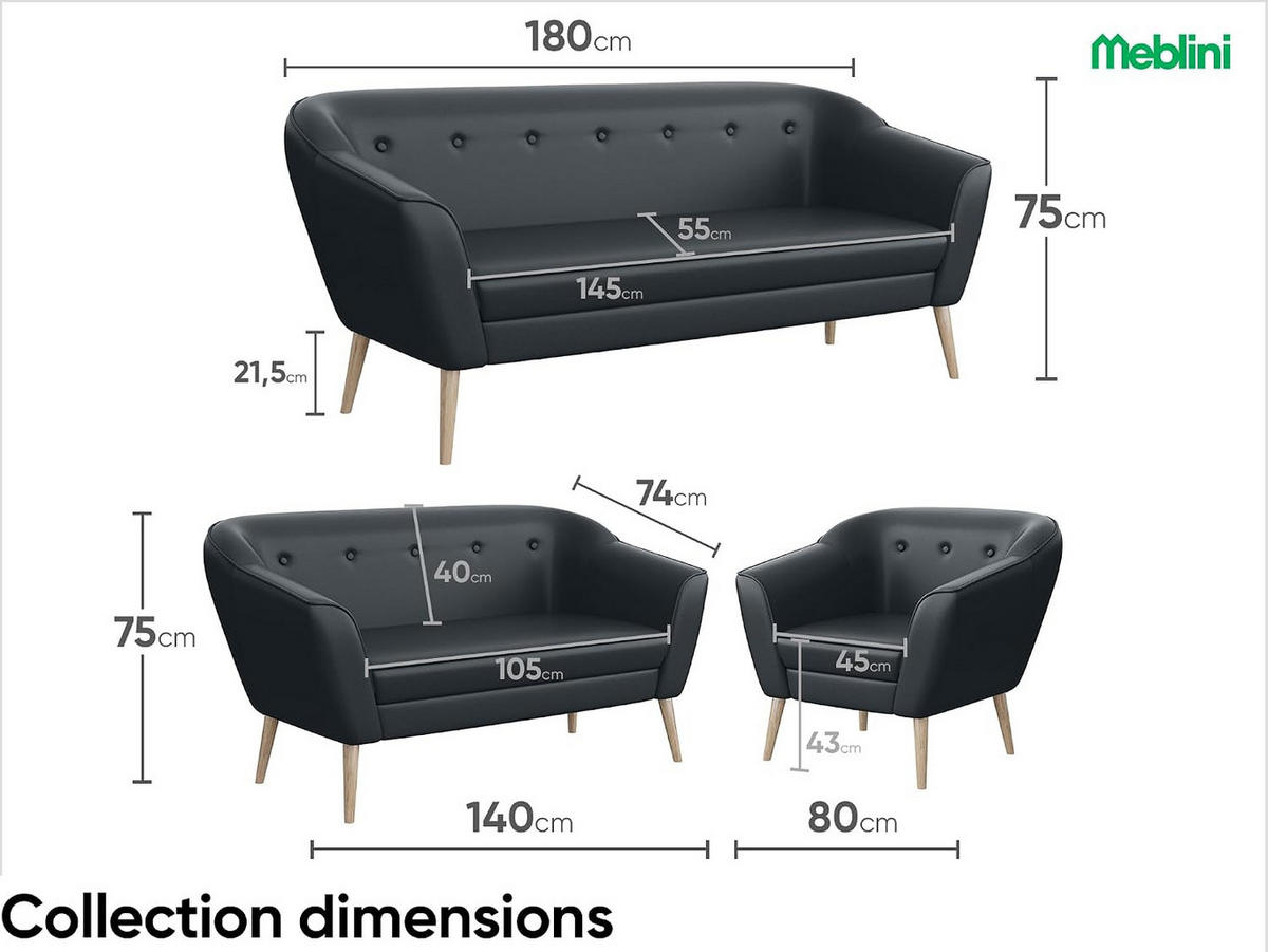 SOFA Doris (2-Sitzer) - Dunkelgrau/Buchefarben, Holzwerkstoff/Buchenholz (140/75/74cm) - Meblini