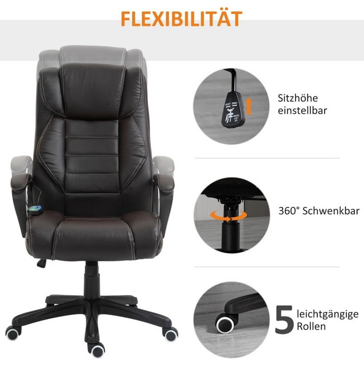 GAMINGSTUHL 64/74/112-120 cm, ergonomischer Drehstuhl mit 6‑Punkte‑Massage, Bonded Leather, Braun - Braun, Kunststoff (64/120/74cm) - Redom