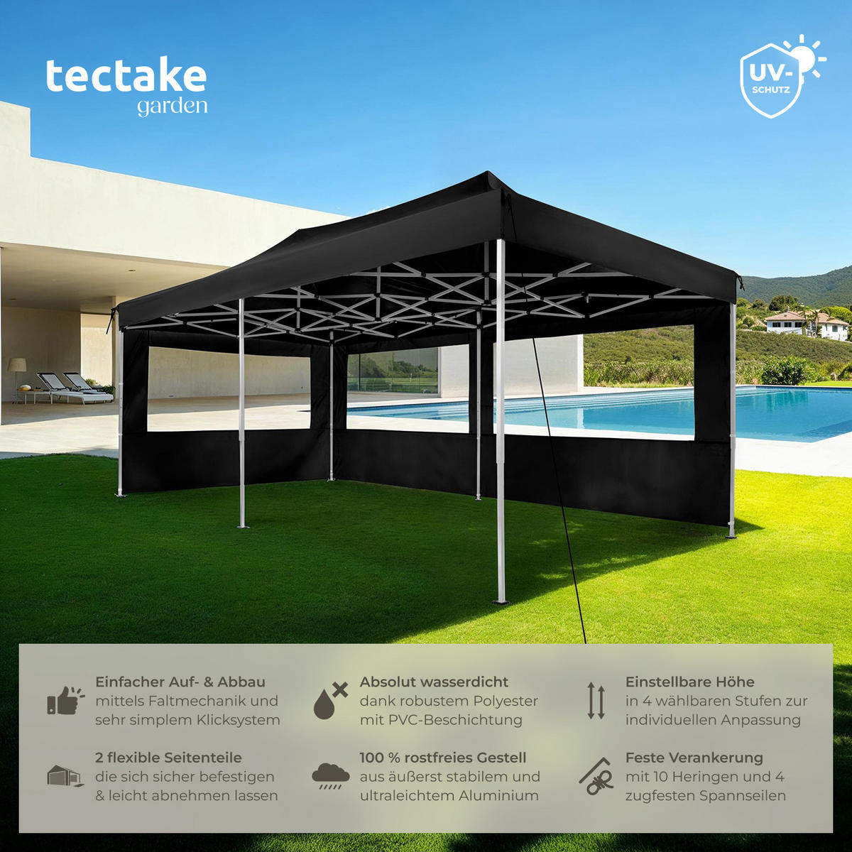 PAVILLON Viola,inklusive Spannseilen, Heringen und Tragetasche,schwarz - Schwarz, Kunststoff (300/280/600cm) - tectake
