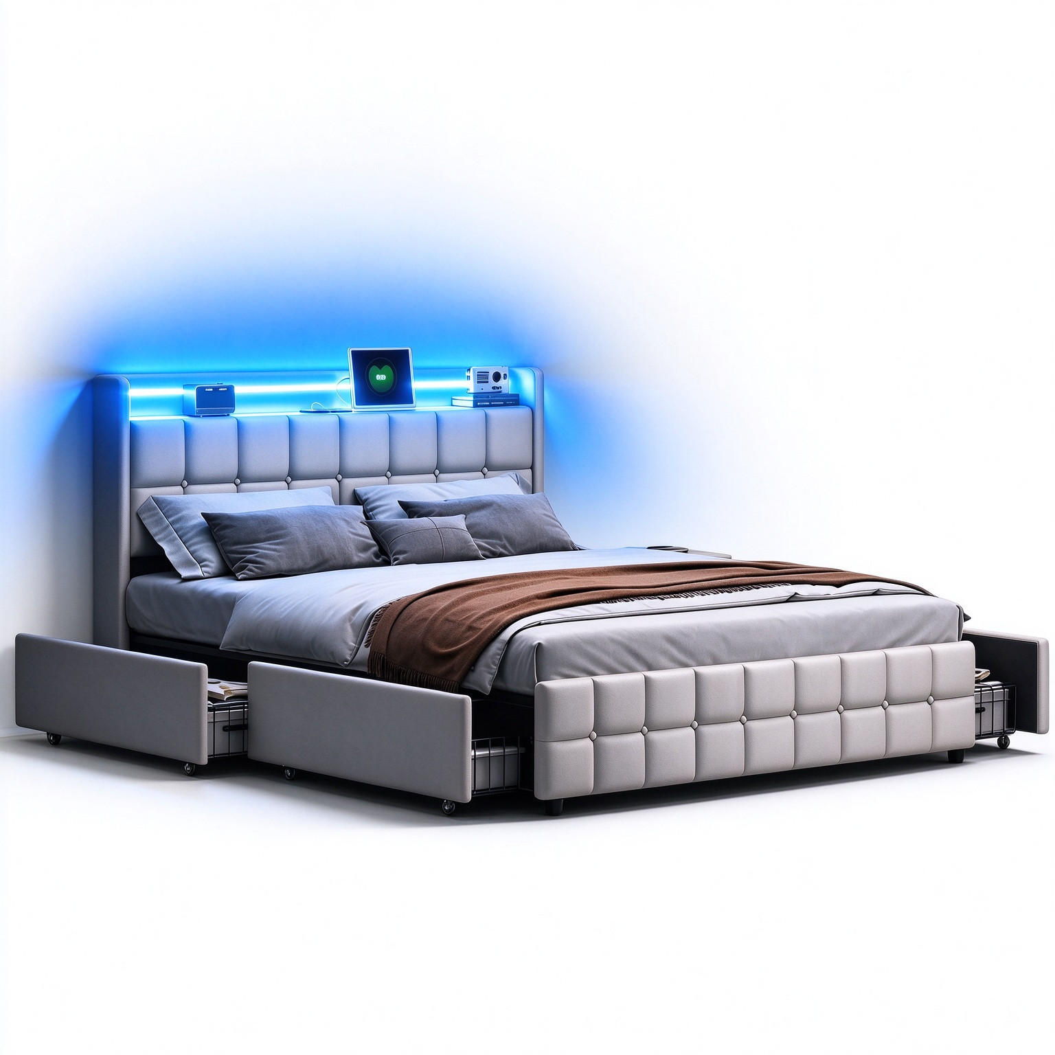 POLSTERBETT 180x200 cm, in Beige Leinenstoff, Doppelbett, Gepolstertes Kopfteil, 4 Stauraumschubladen, LED Beleuchtung, USB-Ladestation - Beige, Metall (180/200cm) - BPKADHY