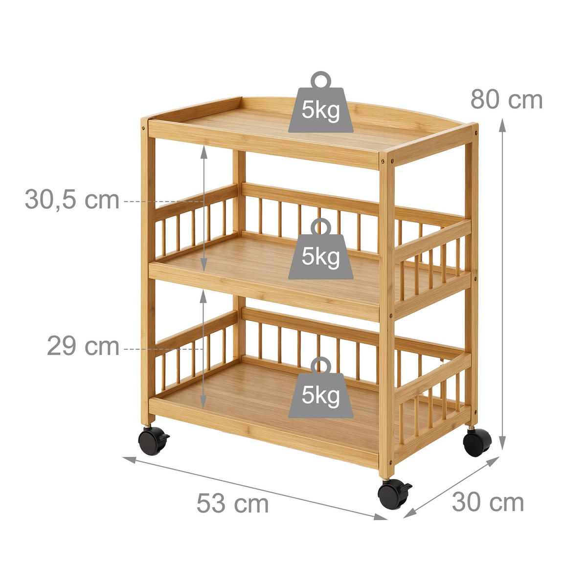 KUCHYŇSKÝ vůz - světle hnědá, dřevo/plast (53/80/30cm) - Relaxdays
