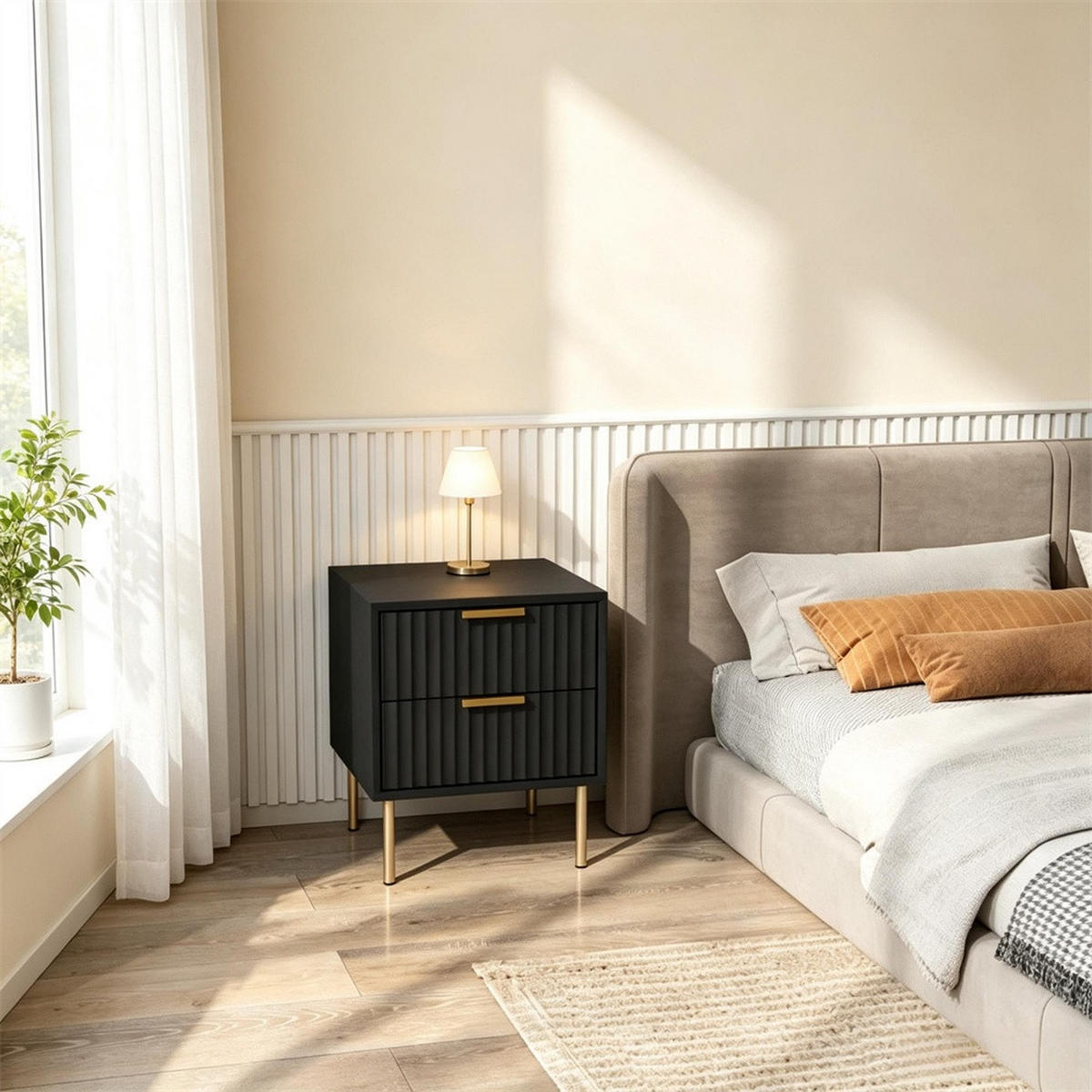 NACHTTISCH 40x39x48 cm Schubladenfront mit Rillenoptik - 2 Schubladen - Goldene Griffe - Schwarz - Schwarz, Holzwerkstoff (39/48/40cm) - DELFA