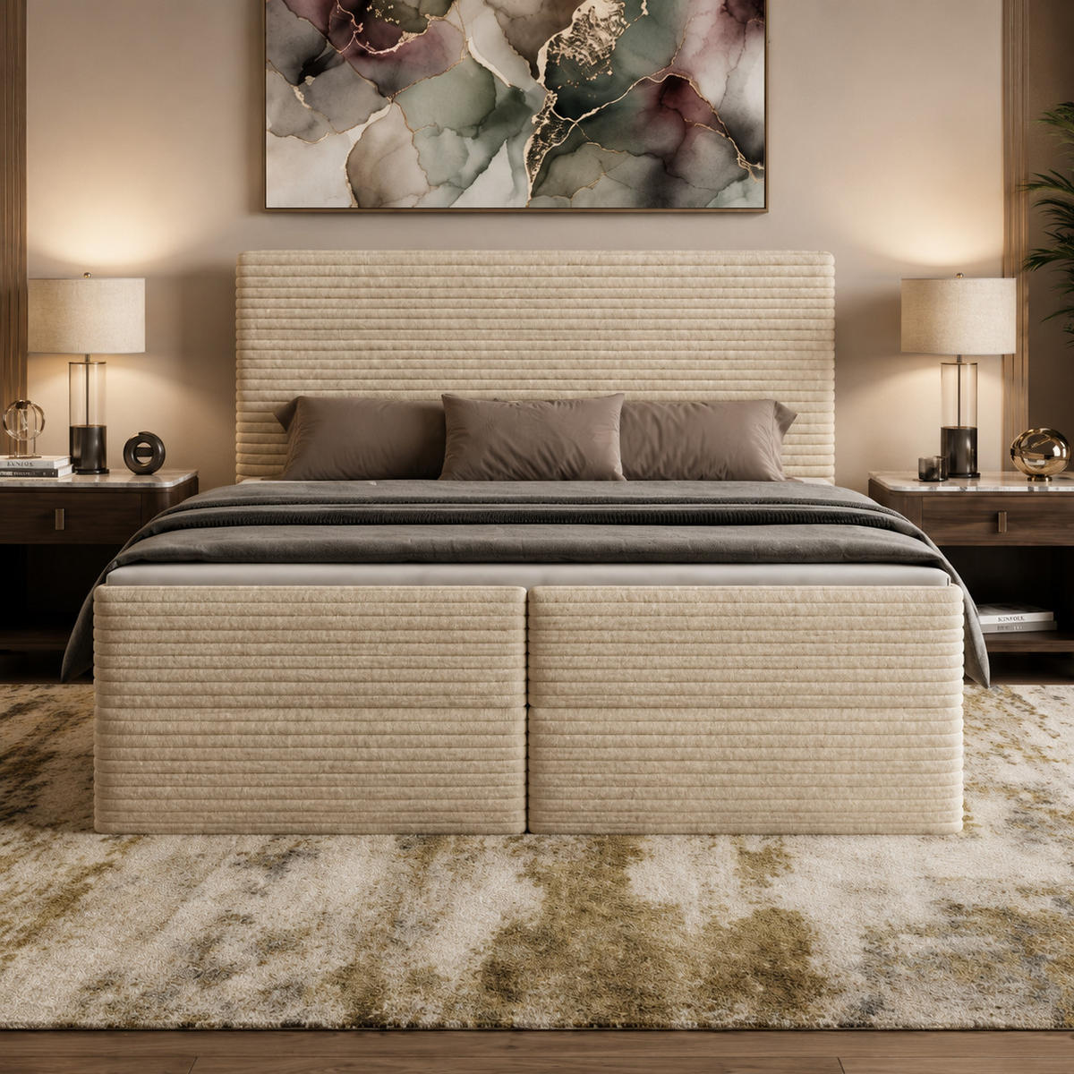 BOXBETT RAVENO mit Bettkasten 160x200 cm inkl. Bonell-Federkernmatratze H3 und Topper – Polsterbett Stoff TILIA Taupe - Taupe, Textil (160/200cm) - Luxkor24