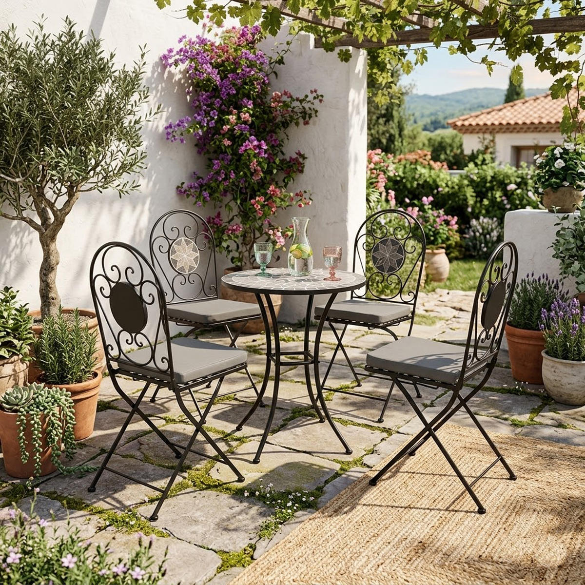 BISTROSET Derby - 5-teilig (4x Klappstuhl, 1x Tisch 60cm rund) aus schwarz pulverbeschichtetem Eisen - Grau, Metall - TPFGarden