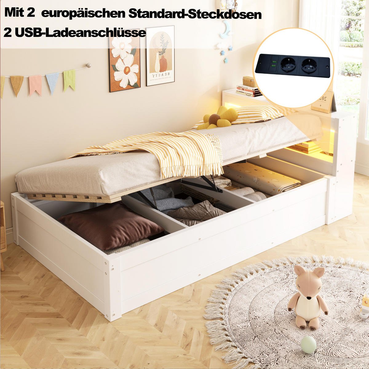 SCHLAFSOFA 90x200cm LED Stauraum Steckdose Massivholz Weiß - Weiß, Holzwerkstoff (90/200cm) - FLIEKS