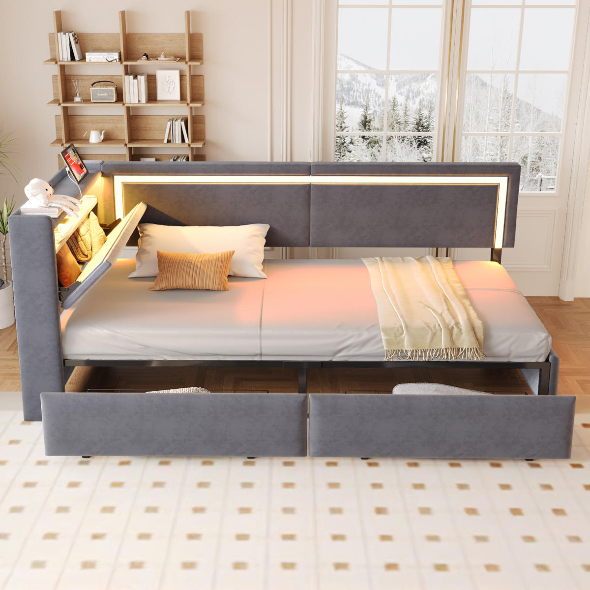 POLSTERBETT 90/200 cm mit LED-Beleuchtung, USB-Anschlüssen, Stauraum und Samtbezug, Dunkelgrau - Dunkelgrau, Textil (90/200cm) - Redom