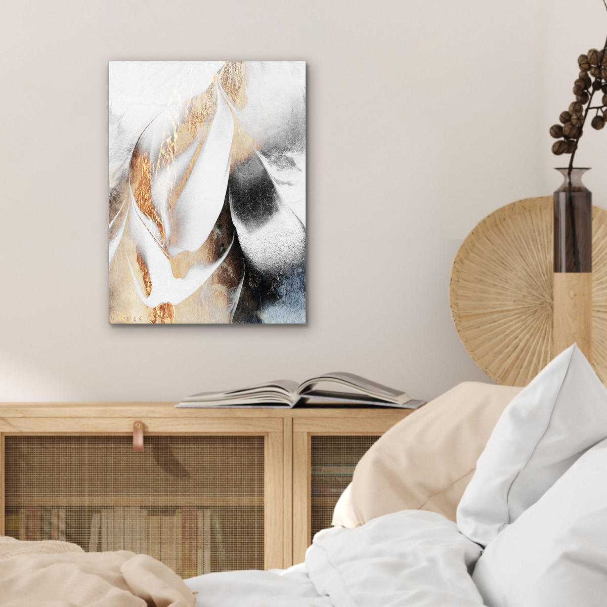 KOVOVÝ OBRAZ Luxusné - abstraktné - zlaté - biele 30x40 cm - zlatá, kov (30/40cm) - MuchoWow