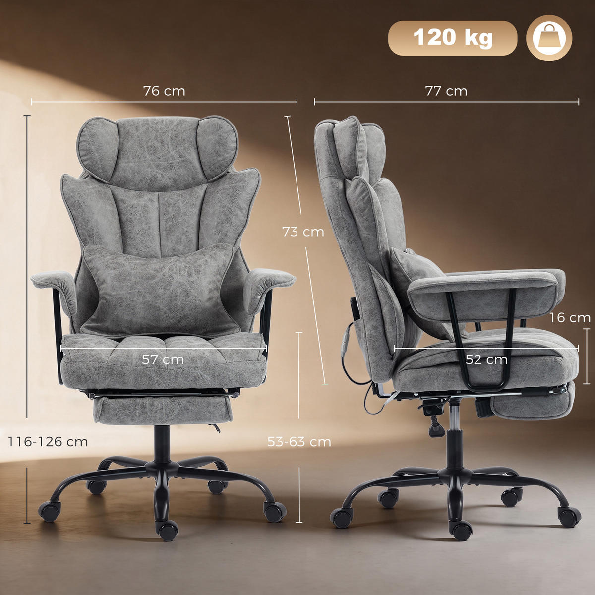 KONTORSSTOL Leathaire Grå - Svart/Grå, Textil/Plast (77/126/76cm) - HOMCOM